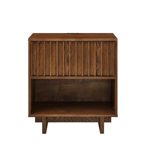 English Elm 23.4 Mid-Century Slat Drawer Nightstand with Built-In USB Charging Open Shelf Walnut Tone Walnut W1801P476914