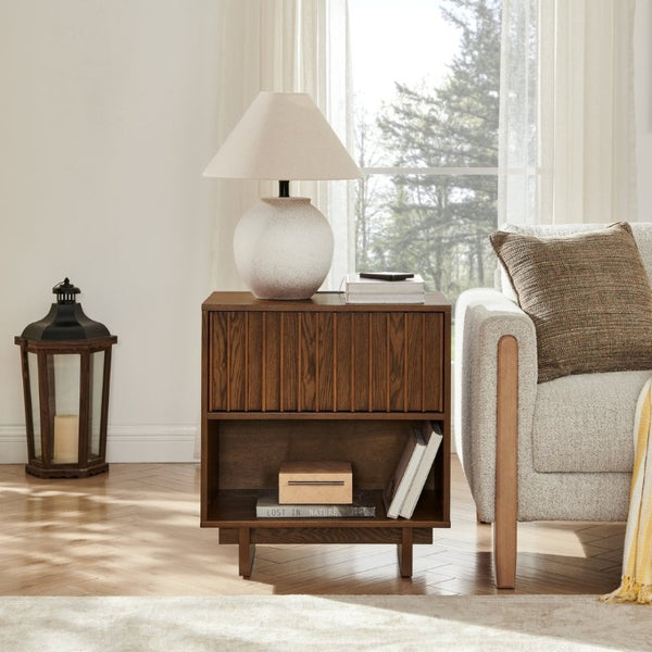 English Elm 23.4 Mid-Century Slat Drawer Nightstand with Built-In USB Charging Open Shelf Walnut Tone Walnut W1801P476914