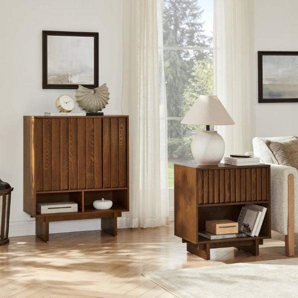 English Elm 23.4 Mid-Century Slat Drawer Nightstand with Built-In USB Charging Open Shelf Walnut Tone Walnut W1801P476914