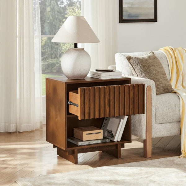 English Elm 23.4 Mid-Century Slat Drawer Nightstand with Built-In USB Charging Open Shelf Walnut Tone Walnut W1801P476914