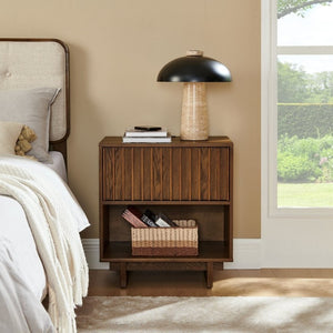 English Elm 23.4 Mid-Century Slat Drawer Nightstand with Built-In USB Charging Open Shelf Walnut Tone Walnut W1801P476914