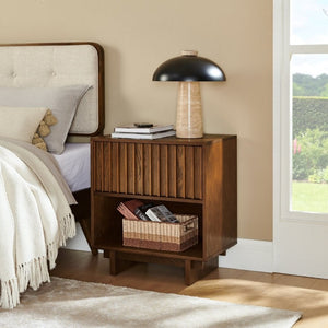 English Elm 23.4 Mid-Century Slat Drawer Nightstand with Built-In USB Charging Open Shelf Walnut Tone Walnut W1801P476914