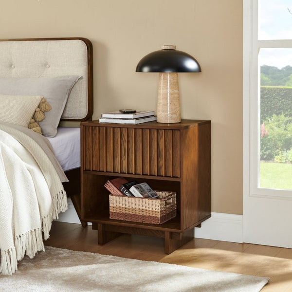 English Elm 23.4 Mid-Century Slat Drawer Nightstand with Built-In USB Charging Open Shelf Walnut Tone Walnut W1801P476914