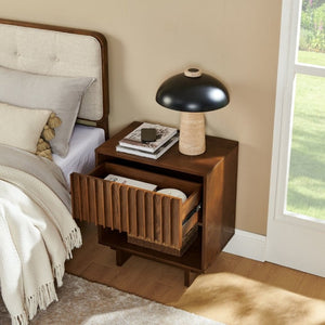English Elm 23.4 Mid-Century Slat Drawer Nightstand with Built-In USB Charging Open Shelf Walnut Tone Walnut W1801P476914
