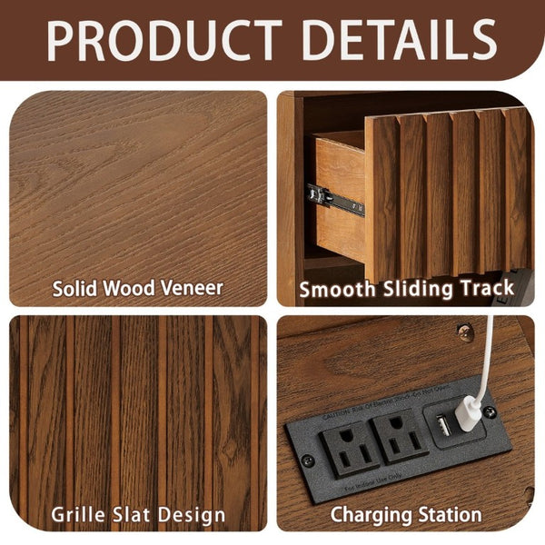 English Elm 23.4 Mid-Century Slat Drawer Nightstand with Built-In USB Charging Open Shelf Walnut Tone Walnut W1801P476914
