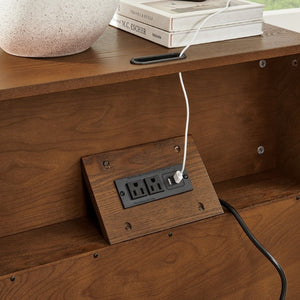English Elm 23.4 Mid-Century Slat Drawer Nightstand with Built-In USB Charging Open Shelf Walnut Tone Walnut W1801P476914