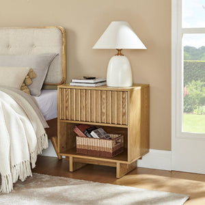 English Elm 23.4 Mid-Century Slat Drawer Nightstand with Built-In USB Charging Open Shelf Walnut Tone Natural W1801P476915