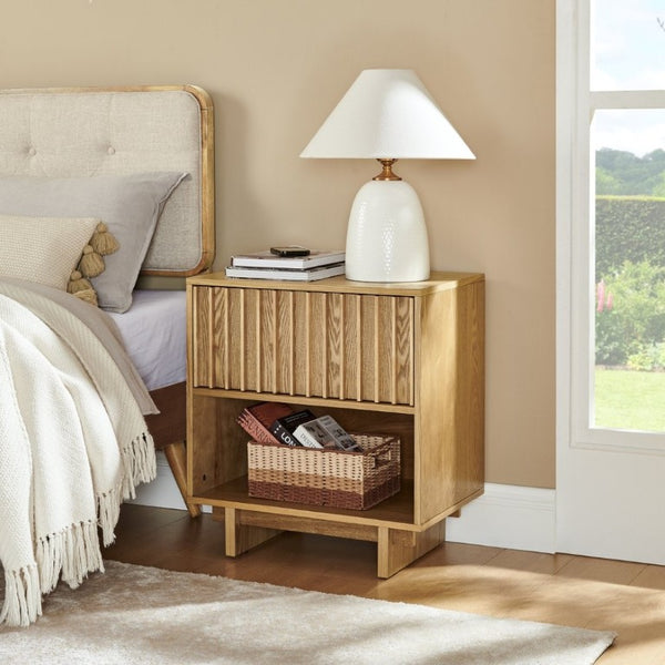 English Elm 23.4 Mid-Century Slat Drawer Nightstand with Built-In USB Charging Open Shelf Walnut Tone Natural W1801P476915