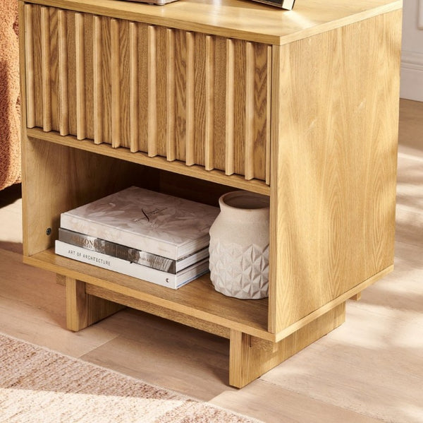 English Elm 23.4 Mid-Century Slat Drawer Nightstand with Built-In USB Charging Open Shelf Walnut Tone Natural W1801P476915