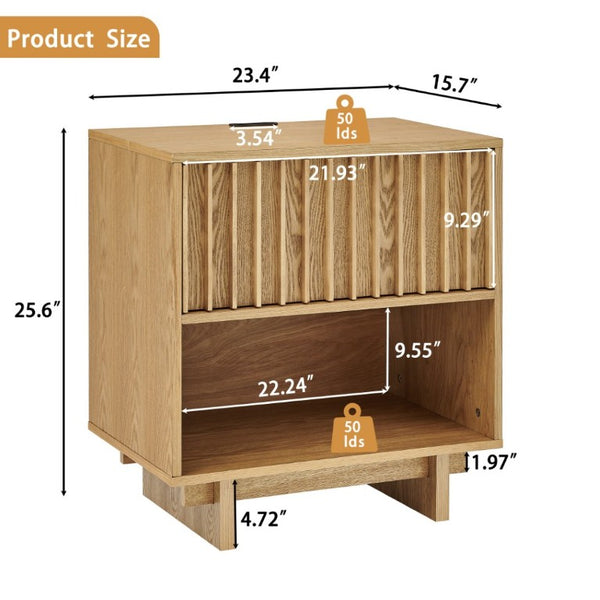English Elm 23.4 Mid-Century Slat Drawer Nightstand with Built-In USB Charging Open Shelf Walnut Tone Natural W1801P476915