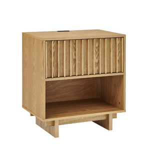 English Elm 23.4 Mid-Century Slat Drawer Nightstand with Built-In USB Charging Open Shelf Walnut Tone Natural W1801P476915