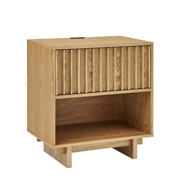 English Elm 23.4 Mid-Century Slat Drawer Nightstand with Built-In USB Charging Open Shelf Walnut Tone Natural W1801P476915