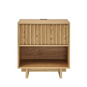 English Elm 23.4 Mid-Century Slat Drawer Nightstand with Built-In USB Charging Open Shelf Walnut Tone Natural W1801P476915