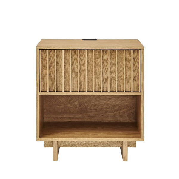 English Elm 23.4 Mid-Century Slat Drawer Nightstand with Built-In USB Charging Open Shelf Walnut Tone Natural W1801P476915