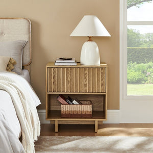 English Elm 23.4 Mid-Century Slat Drawer Nightstand with Built-In USB Charging Open Shelf Walnut Tone Natural W1801P476915