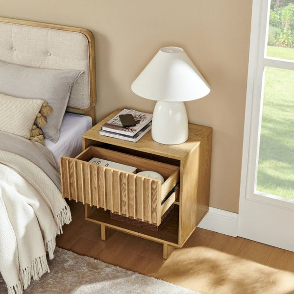 English Elm 23.4 Mid-Century Slat Drawer Nightstand with Built-In USB Charging Open Shelf Walnut Tone Natural W1801P476915