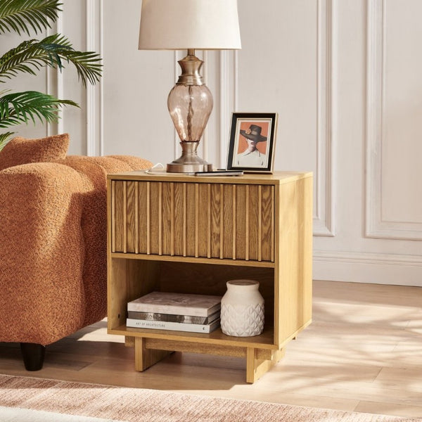 English Elm 23.4 Mid-Century Slat Drawer Nightstand with Built-In USB Charging Open Shelf Walnut Tone Natural W1801P476915