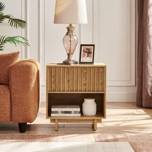 English Elm 23.4 Mid-Century Slat Drawer Nightstand with Built-In USB Charging Open Shelf Walnut Tone Natural W1801P476915