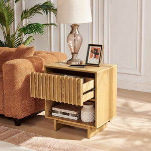 English Elm 23.4 Mid-Century Slat Drawer Nightstand with Built-In USB Charging Open Shelf Walnut Tone Natural W1801P476915