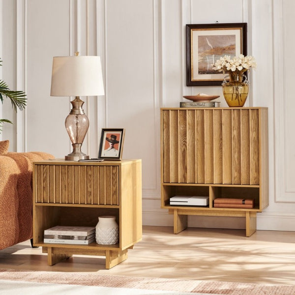 English Elm 23.4 Mid-Century Slat Drawer Nightstand with Built-In USB Charging Open Shelf Walnut Tone Natural W1801P476915