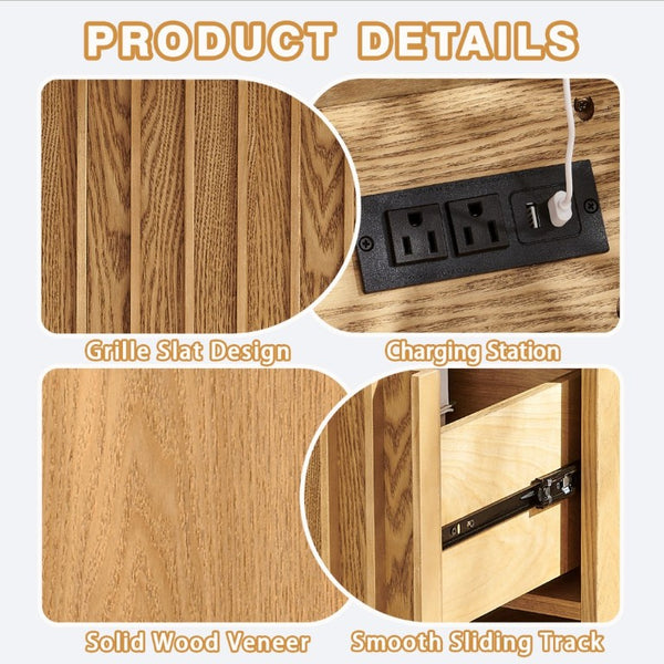 English Elm 23.4 Mid-Century Slat Drawer Nightstand with Built-In USB Charging Open Shelf Walnut Tone Natural W1801P476915