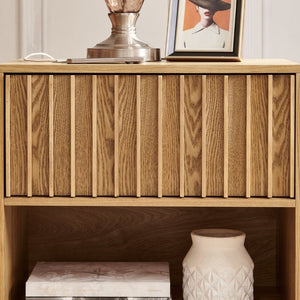 English Elm 23.4 Mid-Century Slat Drawer Nightstand with Built-In USB Charging Open Shelf Walnut Tone Natural W1801P476915