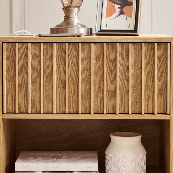 English Elm 23.4 Mid-Century Slat Drawer Nightstand with Built-In USB Charging Open Shelf Walnut Tone Natural W1801P476915