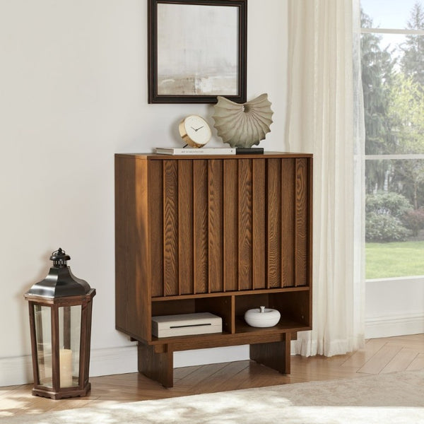 English Elm 31.6 Mid-Century Modern Sideboard with Grille Slat Doors and Adjustable Shelves Walnut W1801P476917