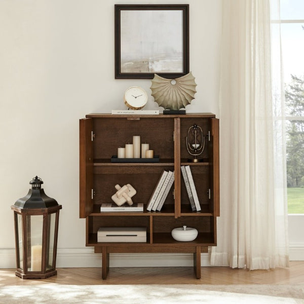 English Elm 31.6 Mid-Century Modern Sideboard with Grille Slat Doors and Adjustable Shelves Walnut W1801P476917