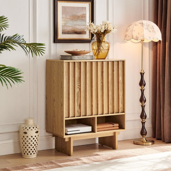 English Elm 31.6 Mid-Century Modern Sideboard with Grille Slat Doors and Adjustable Shelves Natural W1801P476919