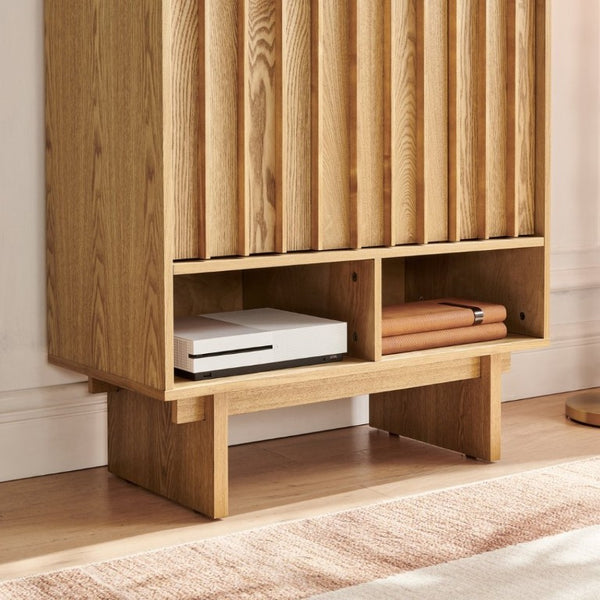English Elm 31.6 Mid-Century Modern Sideboard with Grille Slat Doors and Adjustable Shelves Natural W1801P476919