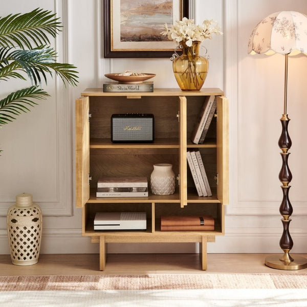 English Elm 31.6 Mid-Century Modern Sideboard with Grille Slat Doors and Adjustable Shelves Natural W1801P476919
