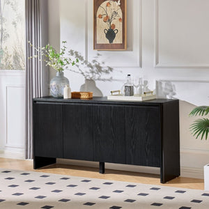 English Elm 61.1 Inch Mid Century Modern Sideboard with Adjustable Shelves Tapered Legs Walnut Tone Black W1801P498210