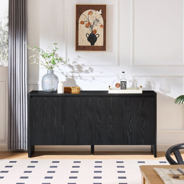 English Elm 61.1 Inch Mid Century Modern Sideboard with Adjustable Shelves Tapered Legs Walnut Tone Black W1801P498210