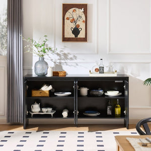 English Elm 61.1 Inch Mid Century Modern Sideboard with Adjustable Shelves Tapered Legs Walnut Tone Black W1801P498210