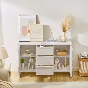 English Elm 47.3 Inch Mid-Century Sideboard with Solid Wood Handles Two Doors Three Drawers White W1801P498214