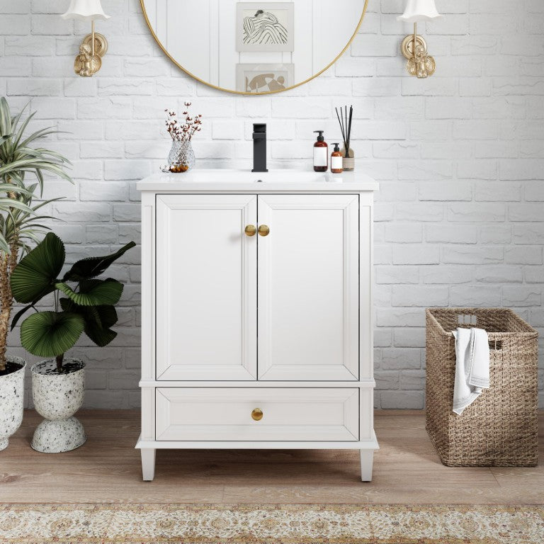 English Elm 27.8 Inch Mid-Century Freestanding Bathroom Vanity with Ceramic Sink and Wood Legs White W1801S00020