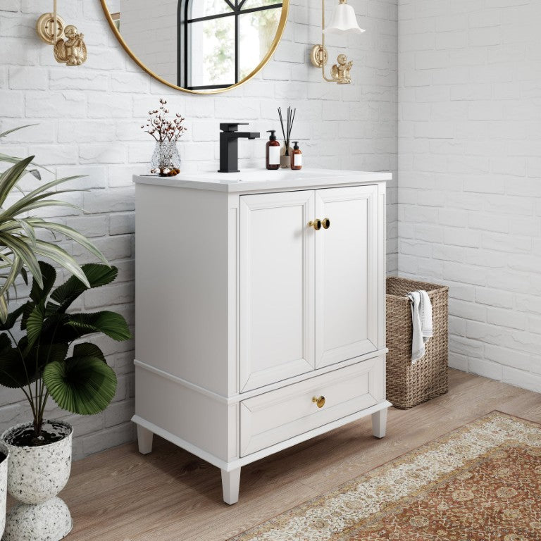 English Elm 27.8 Inch Mid-Century Freestanding Bathroom Vanity with Ceramic Sink and Wood Legs White W1801S00020