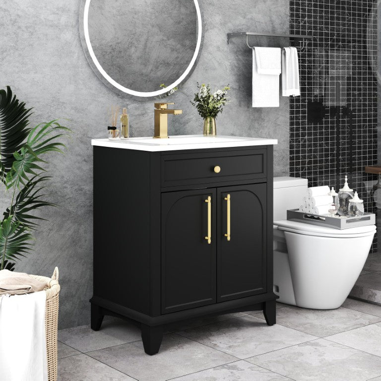 English Elm 27.8 Inch Mid-Century Freestanding Bathroom Vanity with Ceramic Sink and Metal Handles Black W1801S00022