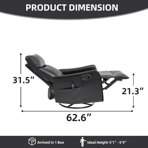 English Elm Black Faux Leather Swivel Rocker Recliner with Vibration Massage Nodes and Lumbar Heat W1803P508562