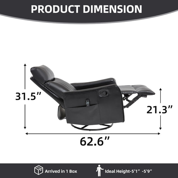 English Elm Black Faux Leather Swivel Rocker Recliner with Vibration Massage Nodes and Lumbar Heat W1803P508562