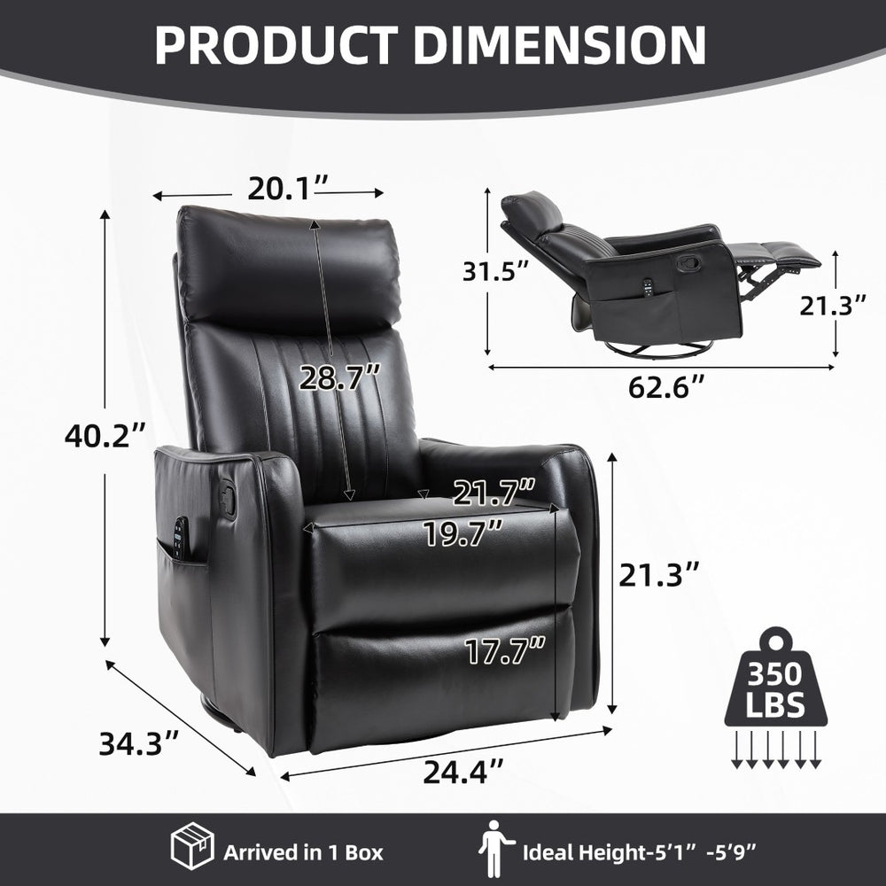 English Elm Black Faux Leather Swivel Rocker Recliner with Vibration Massage Nodes and Lumbar Heat W1803P508562