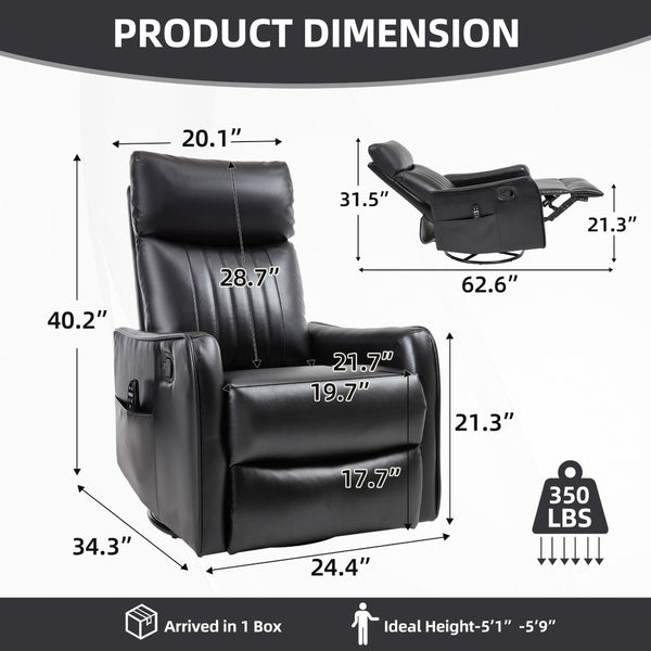 English Elm Black Faux Leather Swivel Rocker Recliner with Vibration Massage Nodes and Lumbar Heat W1803P508562