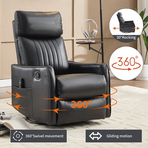 English Elm Black Faux Leather Swivel Rocker Recliner with Vibration Massage Nodes and Lumbar Heat W1803P508562