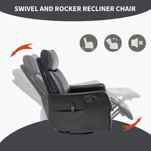 English Elm Black Faux Leather Swivel Rocker Recliner with Vibration Massage Nodes and Lumbar Heat W1803P508562