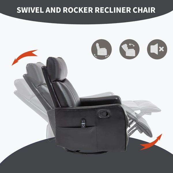 English Elm Black Faux Leather Swivel Rocker Recliner with Vibration Massage Nodes and Lumbar Heat W1803P508562
