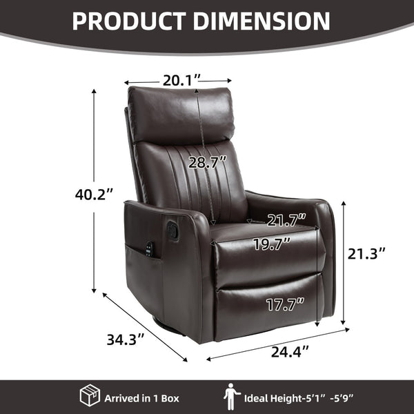 English Elm Brown Faux Leather Rocker Swivel Recliner with Massage Heat Nodes for Living Room W1803P508564