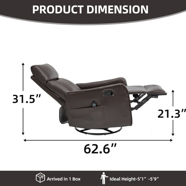 English Elm Brown Faux Leather Rocker Swivel Recliner with Massage Heat Nodes for Living Room W1803P508564