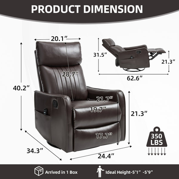 English Elm Brown Faux Leather Rocker Swivel Recliner with Massage Heat Nodes for Living Room W1803P508564