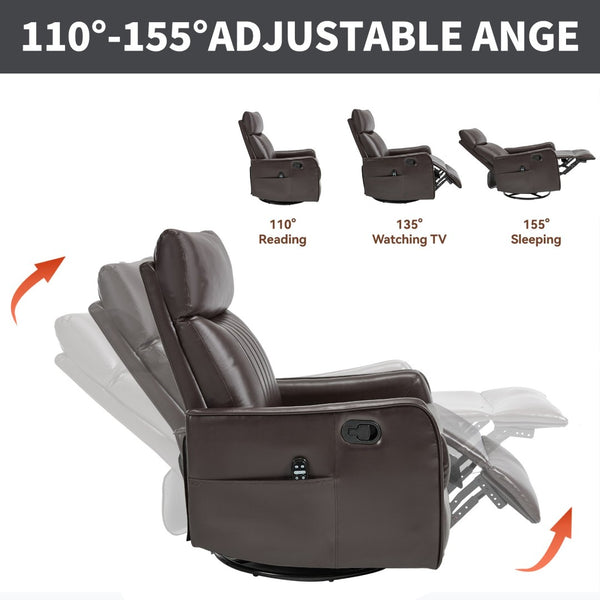 English Elm Brown Faux Leather Rocker Swivel Recliner with Massage Heat Nodes for Living Room W1803P508564